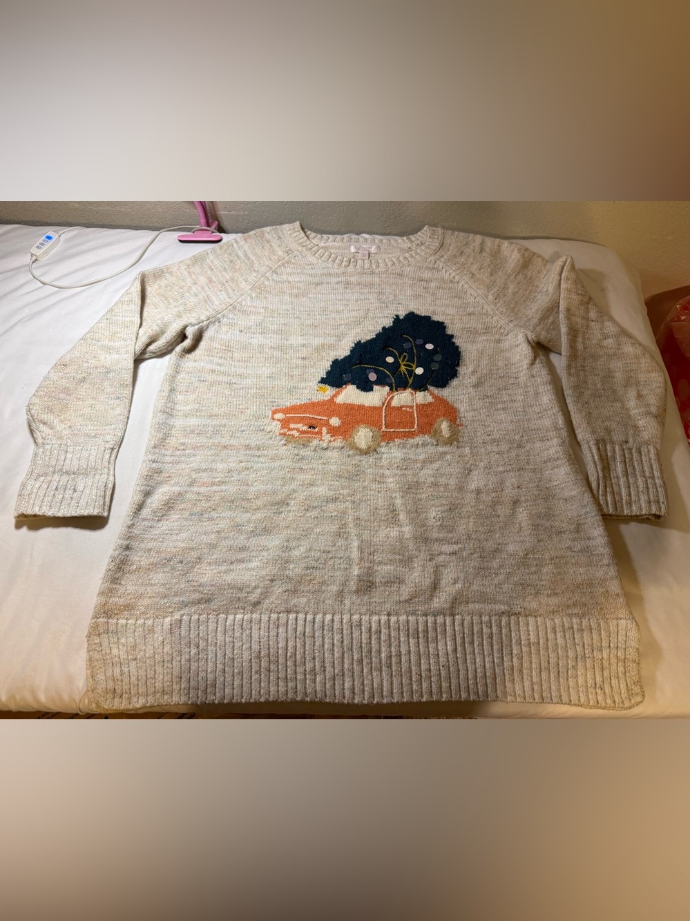 LC Lauren Conrad Cream Crewneck Sweater with Orange Car and Navy Tree